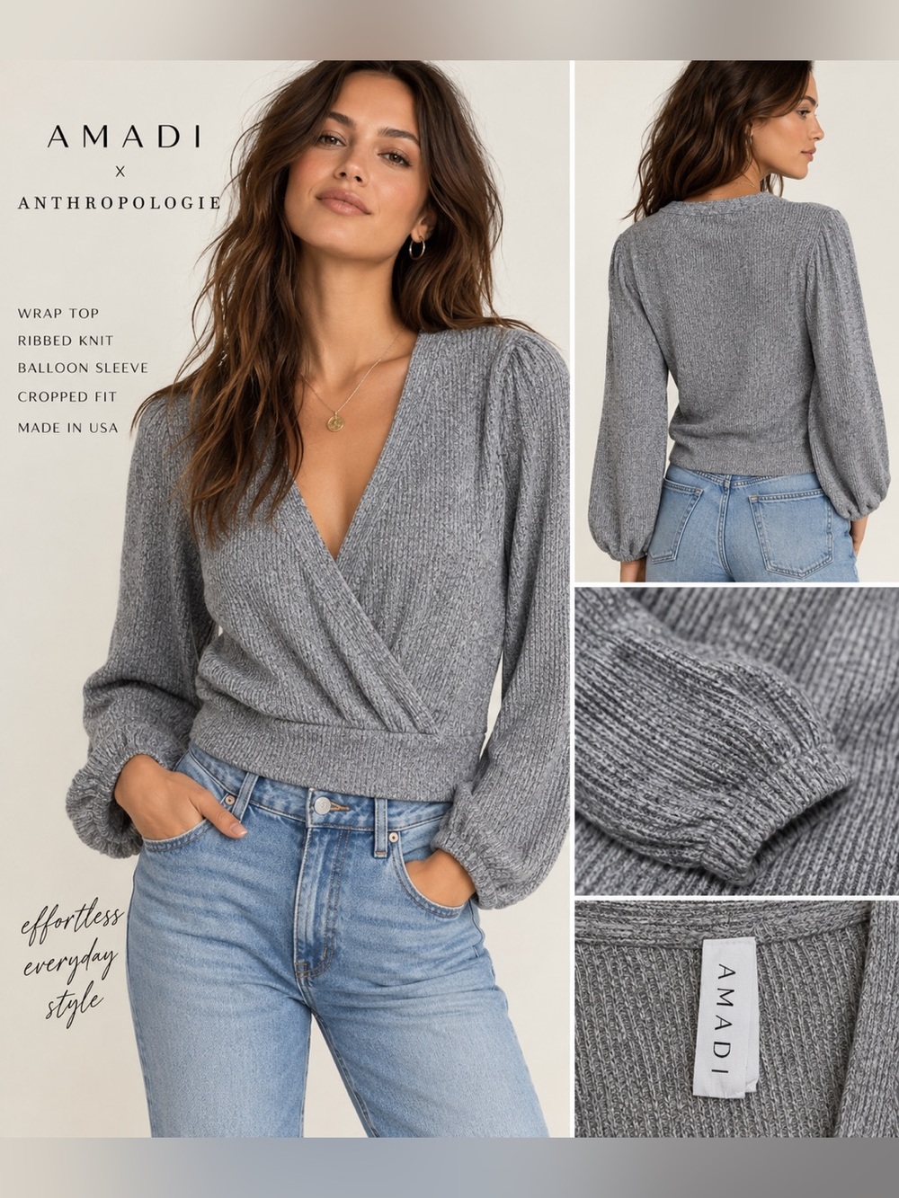 Anthropologie x AMADI Gray Ribbed Wrap Top Balloon Sleeve